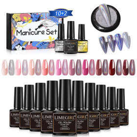 Limegirl 10 Colors 8ML Nail Gel Polish Nail Set With Base Coat Top Coat Nail Mirror Glitter Powder DIY Metallic Colorful Dust Metal Effect  LED UV Gel (Color: ZH445-2)
